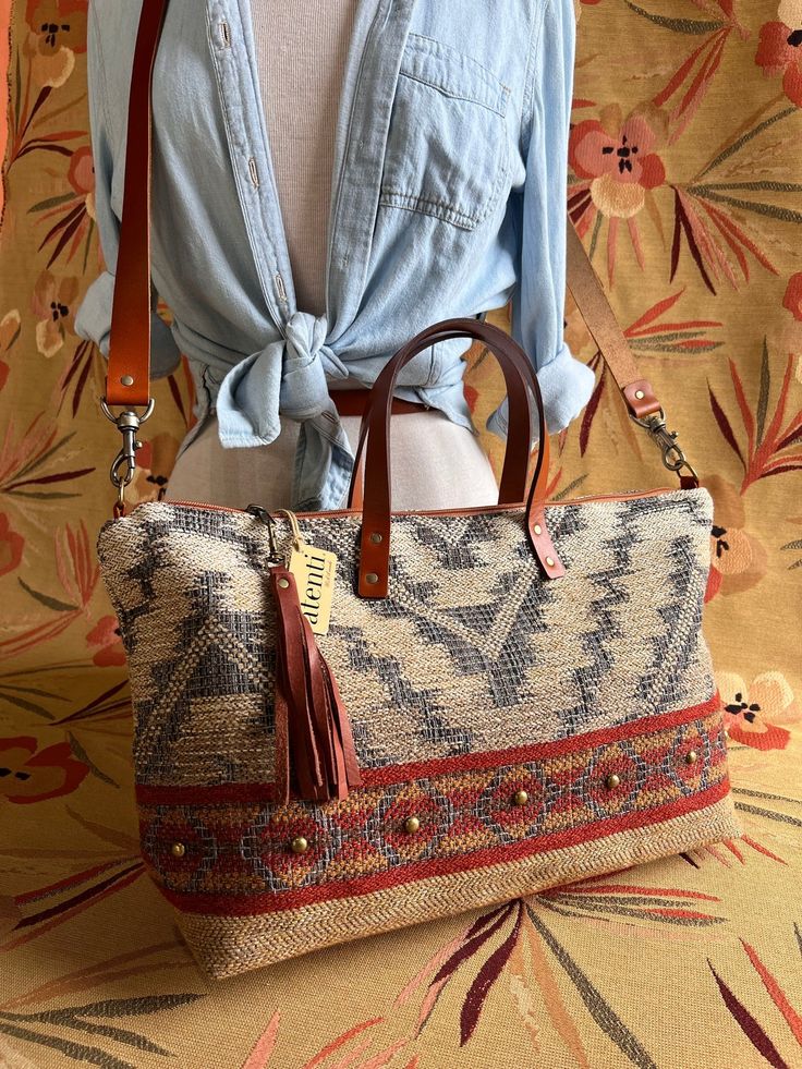 Atenti Buddy - Chapparal - Dream Weaver Yarns LLC Woven Shoulder Travel Bag, Woven Shoulder Bag For Travel, Bohemian Canvas Bag With Double Handle, Bohemian Duffle Bag With Leather Handles For Daily Use, Bohemian Woven Travel Bag, Beige Woven Travel Satchel, Woven Satchel Bag For Travel, Rectangular Weekender Bag With Braided Handles For Travel, Beige Woven Satchel For Travel