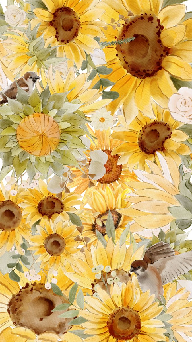 watercolor painting of sunflowers and other flowers