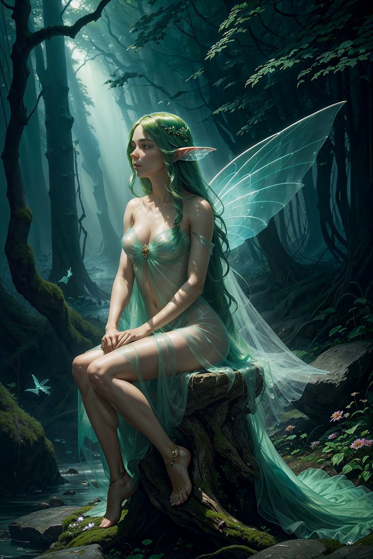 a painting of a fairy sitting on a tree stump