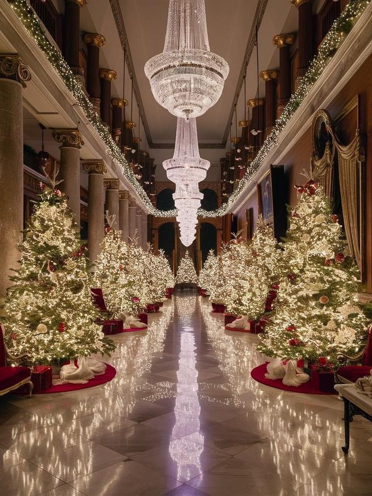 christmas trees are lined up on the floor in an elegant hall with chandeliers