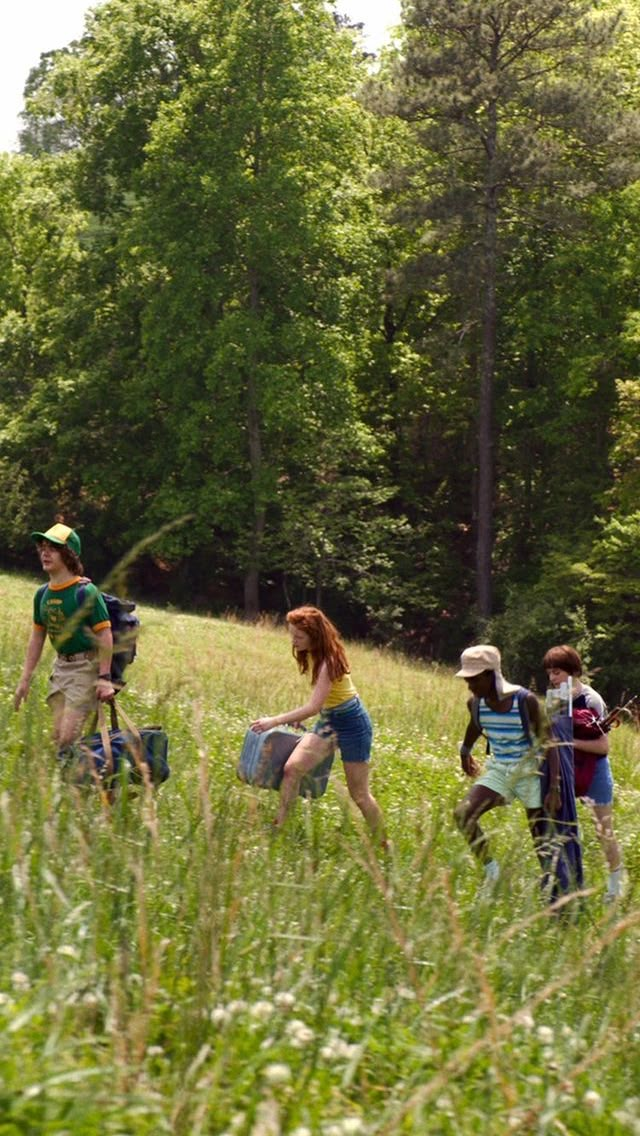 several people are walking through the grass with their luggage