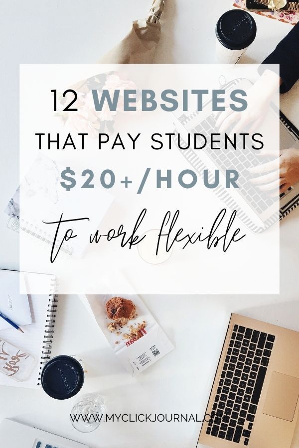 a desk with laptops and other items on it that says, 12 web sites that pay students $ 20 / hour to work flexible