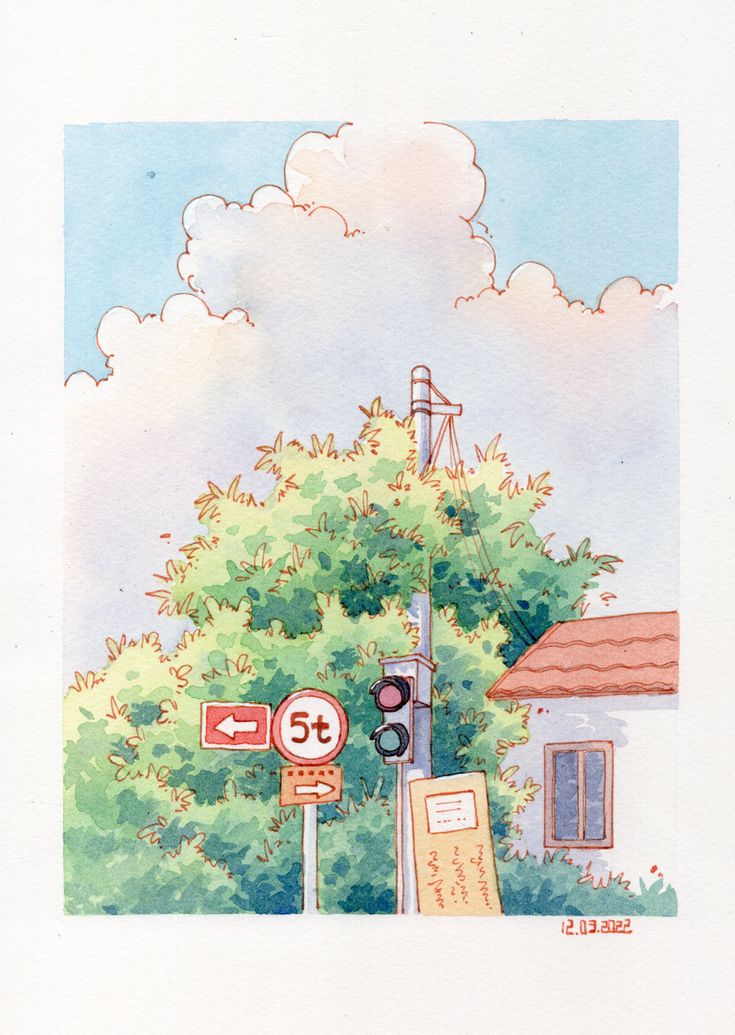 a watercolor painting of a street sign and tree in front of a building with a sky background