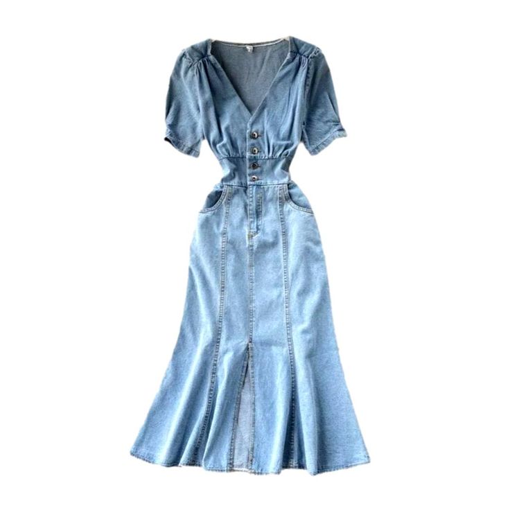 Welcome the 2023 Spring-Summer Collection with this light wash. fit and flare v-neck denim dress ââ‚?the perfect blend of street vibe and elegance!Why You'll Love ItThis denim dress is the ultimate expression of effortless cool. Its unique fit and flare silhouette is textured to hug your curves in all the right places. while the v-neck and buttoned closure flaunt your sense of trend. Crafted with premium quality denim. this dress offers an edgy yet sophisticated look that promises both durabilit Chic Fitted V-neck Denim Dress, Light Wash Cotton V-neck Denim Dress, Chic V-neck Denim Dress, Trendy V-neck Denim Dress For Day Out, Casual Fitted V-neck Midi Dress, Fitted Denim Blue V-neck Dress, Spring Trendy V-neck Denim Dress, Fitted Midi-length Denim Dress For Spring, Fitted Midi Denim Dress For Spring