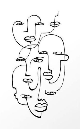 a black and white drawing of three faces