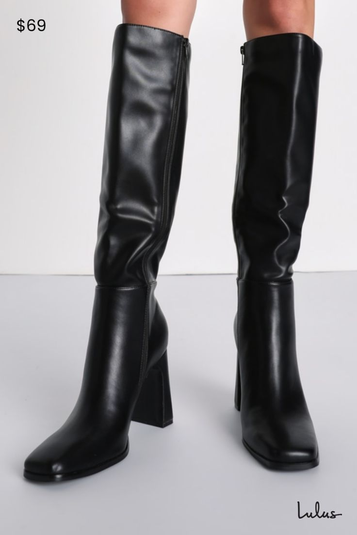 Strut into any room with effortless style with the Lulus Ceceliaa Black Square Toe Knee-High Boots! Smooth faux leather shapes these must-have boots that start with a squared-toe upper that rises to 16"" knee-high shaft with a 15"" circumference and an 18"" zipper at the instep. A sculpted block heel completes the effortlessly chic design! 3. 75" sculpted block heel. Lightly cushioned insole. Felted rubber sole has nonskid markings. Man made materials. Imported. Lulus | Ceceliaa Black Square Toe Knee-High High Heel Boots. Knee-high Faux Leather High Heel Boots, Tall High Heel Faux Leather Boots, Tall Faux Leather High Heel Boots, Modern Block Heel Knee-high Boots For Winter, Tall Heeled Boots With Pointed Toe In Faux Leather, Modern Knee-high Boots With Block Heel For Winter, Modern Winter Knee-high Boots With Block Heel, Wide Calf Square Toe Boots For Fall, Trendy Faux Leather Block Heel Boots