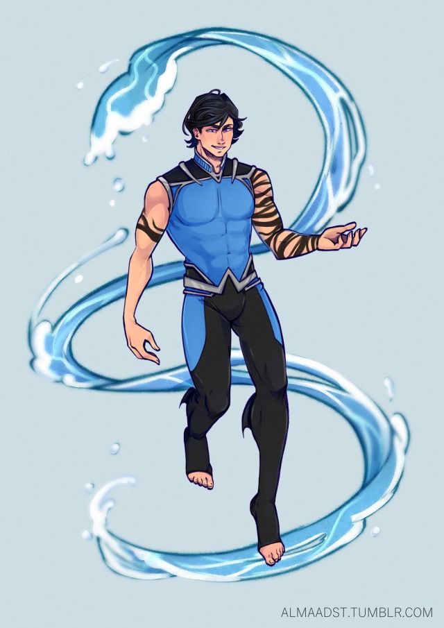 a man in blue shirt and black pants standing on top of water with his arms out