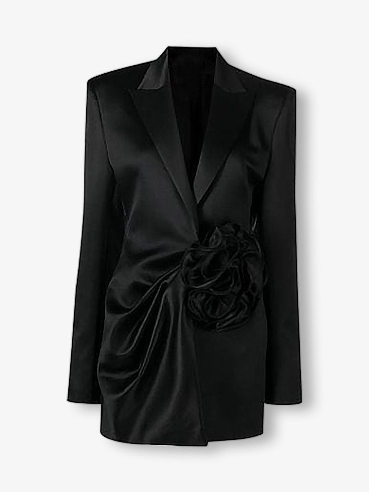 Introducing the berlin blazer, cut from premium materials. A versatile wool-silk long blazer features a detachable flower decorative accent, designed to sculpt and shape, offering a sophisticated look. Sophisticated Look, Long Blazer, Side Cuts, Black Blazers, Straight Leg Pants, New Dress, Accent Decor, Dress Shop, Berlin