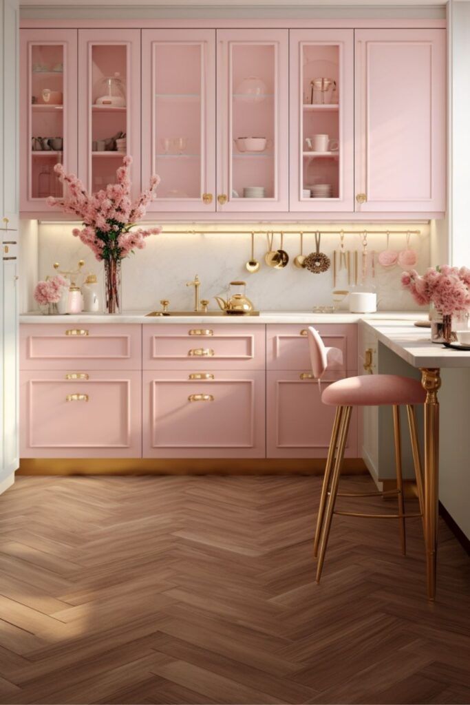 a kitchen with pink cabinets and gold hardware on the countertop, along with wooden flooring