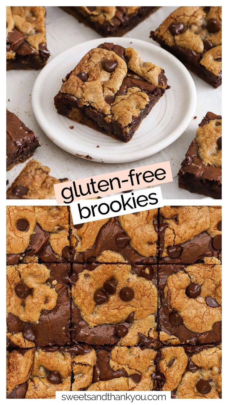 chocolate chip cookie brownies cut into squares and stacked on top of each other with the words gluten - free cookies above them