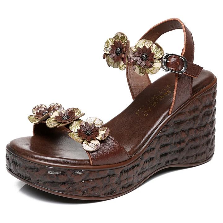 Elevate your summer look with Linda Women's Summer Sandals. Crafted with genuine leather and a buckle strap closure, these sandals offer both style and comfort. The 3-inch wedged heel and floral design add a touch of sophistication. A quality product from USS Shoes. Military Shoes, Dr Shoes, Funky Shoes, Womens Sandals Summer, Platform Wedge Heels, Peep Toe Sandals, Swag Shoes, Genuine Leather Shoes, Leather High Heels