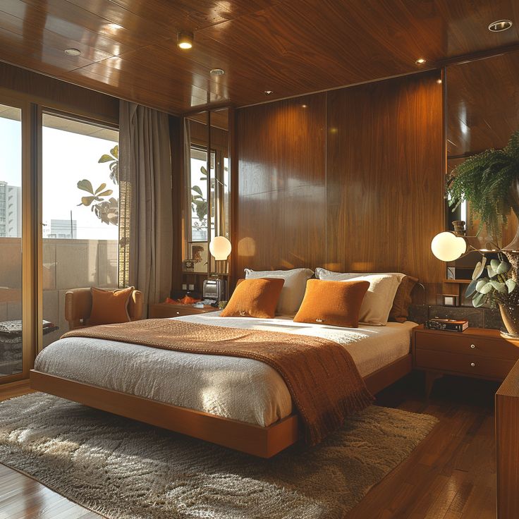 a large bed sitting in the middle of a bedroom next to a tall wooden wall