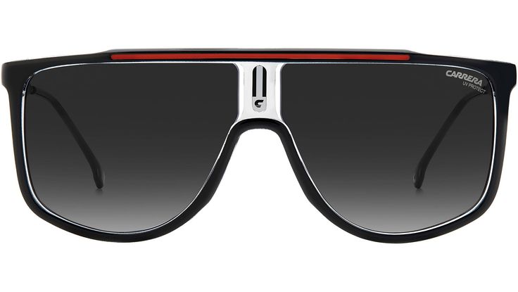 Carrera sunglasses model 1056/S color code OIT 9O Black Red. Returning to the origins of the Carrera style, these sunglasses have a bold silhouette with a strong visual impact. The maxi-lenses are the stars, intensified by the colour insert on the flat topline and by the central plaque with the Carrera 'C'. This distinctive model is completed by the metal temples with the lettering logo and contrasting flag, and even comes in a polarized version. Red Modern Shield Sunglasses With Uv Protection, Modern Red Shield Sunglasses With Uv Protection, Modern Red Shield Sunglasses With Gradient Lenses, Cool Black Shield Sunglasses With Gradient Lenses, Modern Red Tinted Shield Sunglasses, Modern Red Polarized Shield Sunglasses, Red Modern Shield Sunglasses With Polarized Lenses, Modern Red Shield Sunglasses With Polarized Lenses, Modern Red Aviator Sunglasses With Uva Protection