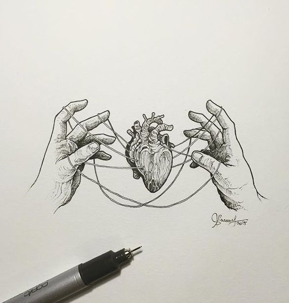 a drawing of two hands holding a string with a heart in the middle on it