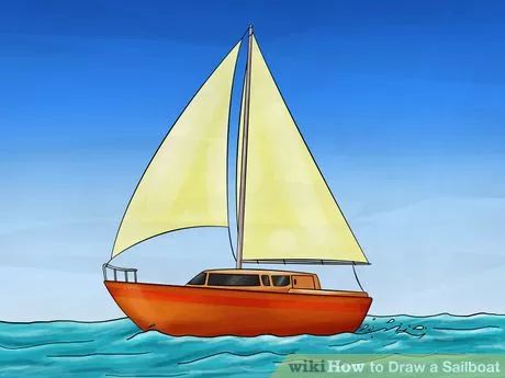 a drawing of a sailboat in the ocean with blue sky and water behind it