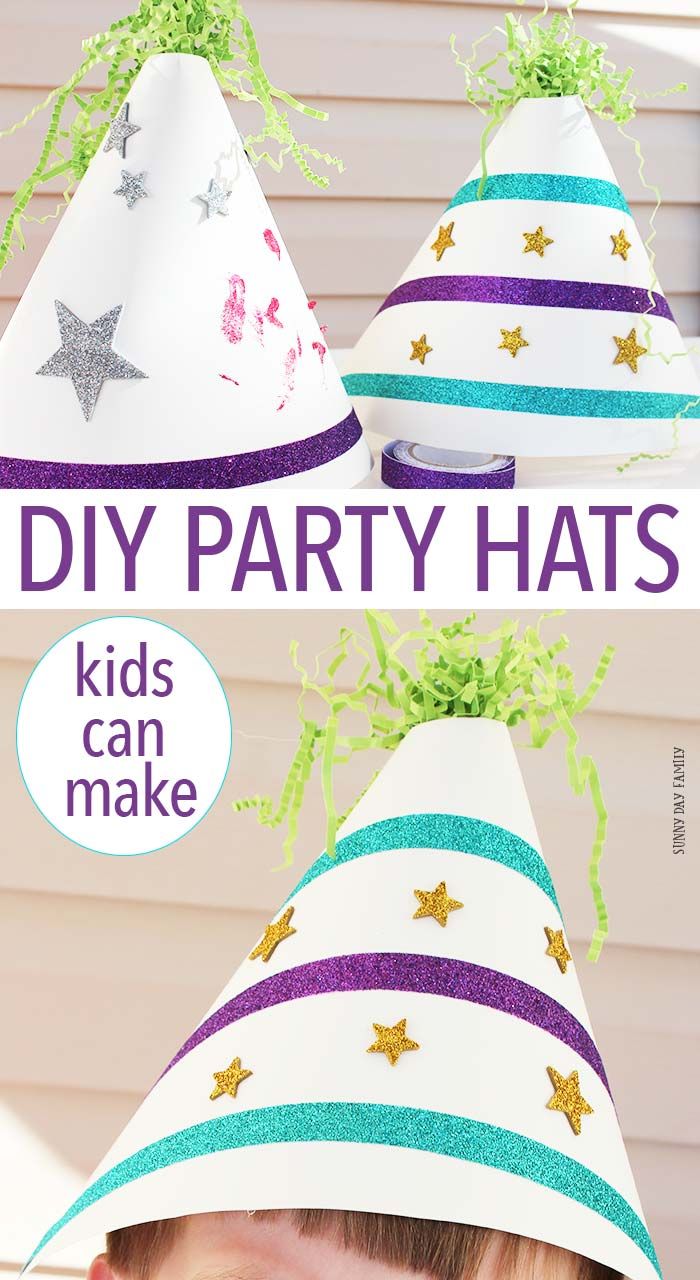 a kid wearing a party hat with stars on it and the words, diy party hats kids can make