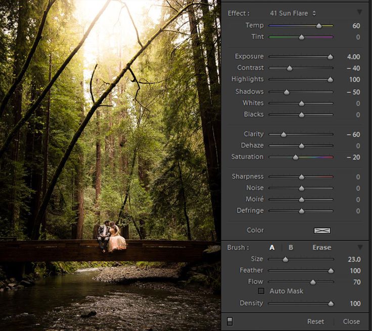 an image of a couple sitting on a bridge in the woods next to a river