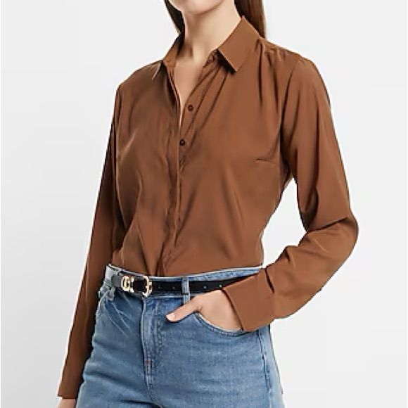 Express Satin Relaxed Portofino Shirt New With Tags Chic Business Casual Tops With Spread Collar, Classic Brown Blouse For Work, Chic Brown Tops For Business Casual, Chic Brown Top For Business Casual, Casual Slim Fit Blouse For Business Casual, Brown Spread Collar Tops For Work, Chic Slim Fit Top For Office Wear, Brown Spread Collar Blouse For Work, Elegant Brown Tops For Business Casual