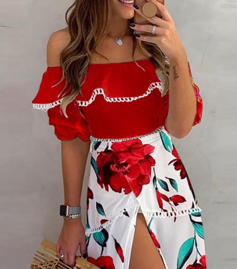 Women's Fashion Sexy Printed Split Dress sold by woosus on Storenvy Off Shoulder Ruffle Top, Two Pieces Set Outfits, Scallop Trim, Off Shoulder Fashion, Split Skirt, Split Dress, Trim Top, Lace Midi, Measurement Chart