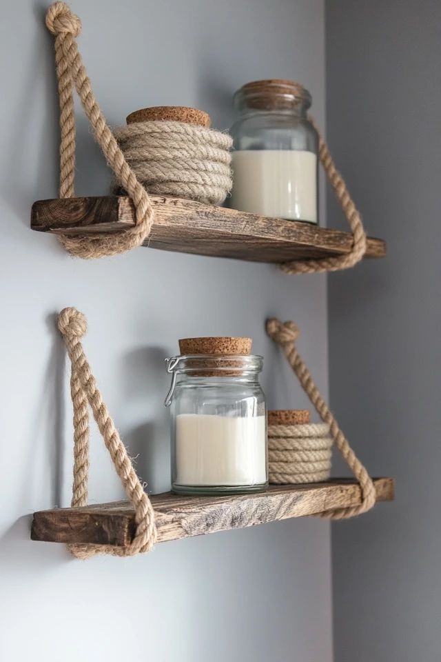 two wooden shelves with rope and jars on them