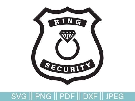 the ring security badge is shown in black and white, with an oval diamond on it