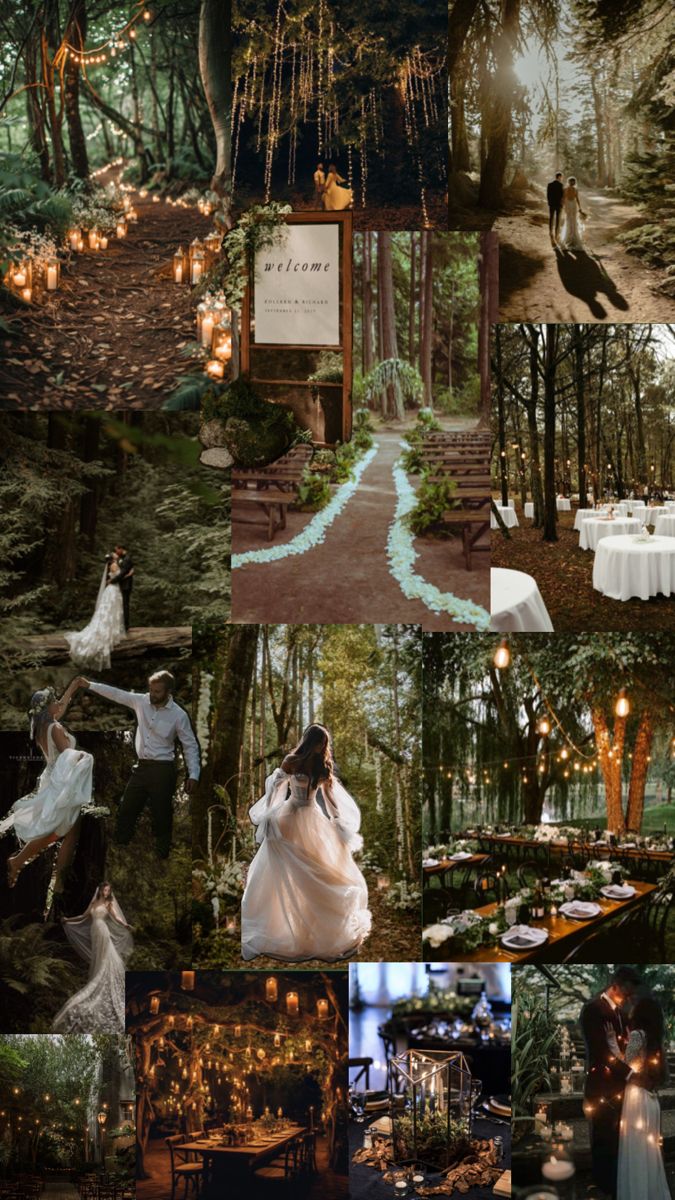 a collage of wedding photos with candles in the woods