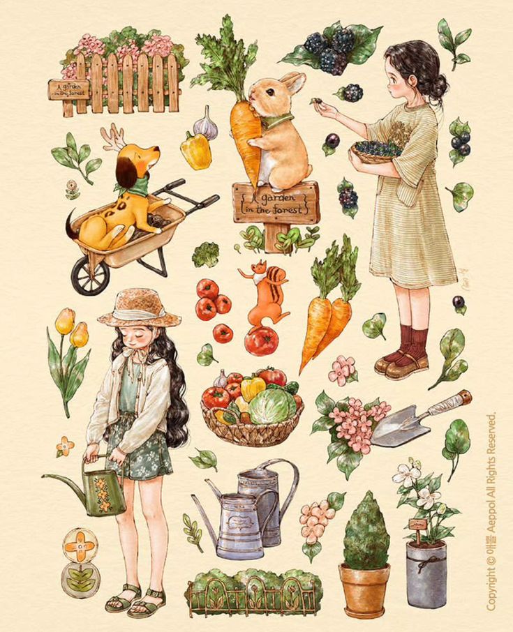 a painting of people and animals surrounded by plants, flowers, fruit, and vegetables