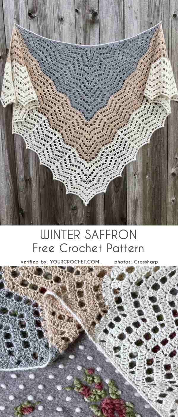 a crocheted shawl with the words winter saffron on it