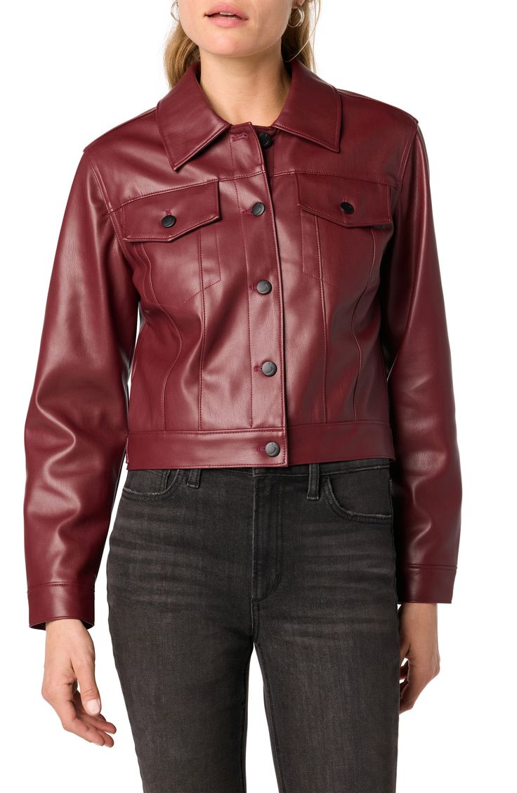 Add an edge to any outfit with this button-up jacket crafted from faux leather in a cropped silhouette. Front button closure Spread collar Chest button-flap patch pockets 100% polyurethane Machine wash, line dry Imported Trendy Fitted Leather Jacket With Button Closure, Fall Leather Jacket With Faux Front Pockets And Collar, Fall Collared Leather Jacket With Faux Front Pockets, Collared Faux Leather Jacket With Pockets, Collared Faux Leather Outerwear With Button Closure, Faux Leather Collared Outerwear With Button Closure, Collared Faux Leather Jacket With Button Closure, Faux Leather Collared Jacket With Button Closure, Fall Leather Jacket With Flap Pockets