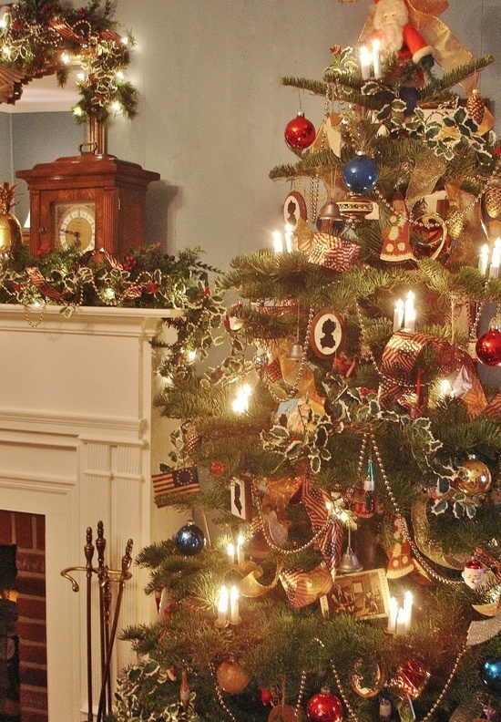 a decorated christmas tree in front of a fire place with ornaments on the top and bottom