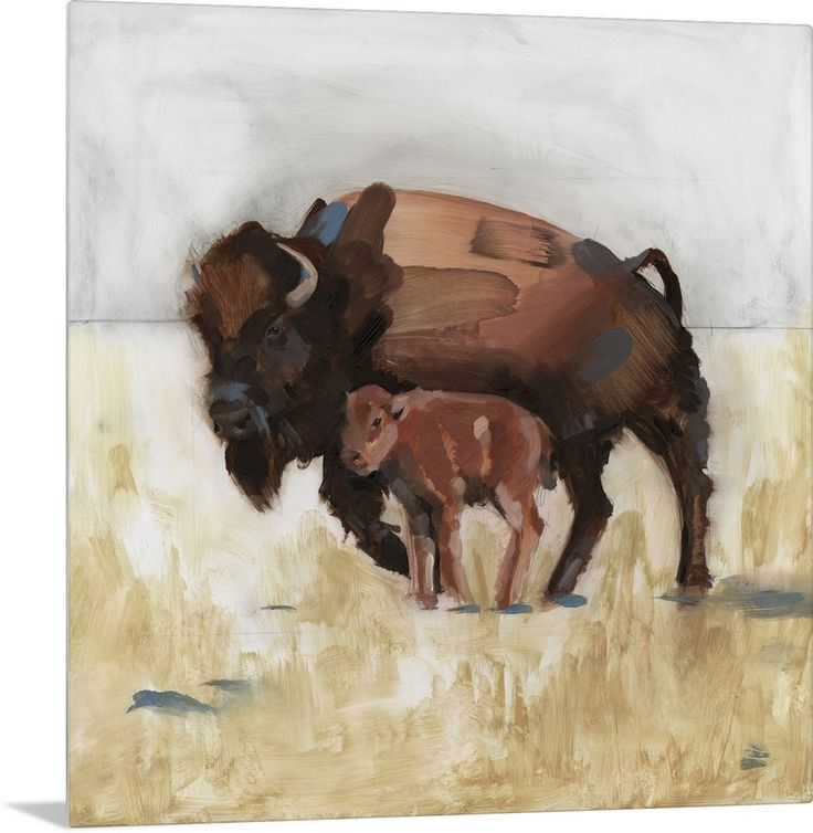 a painting of an adult bison and its baby