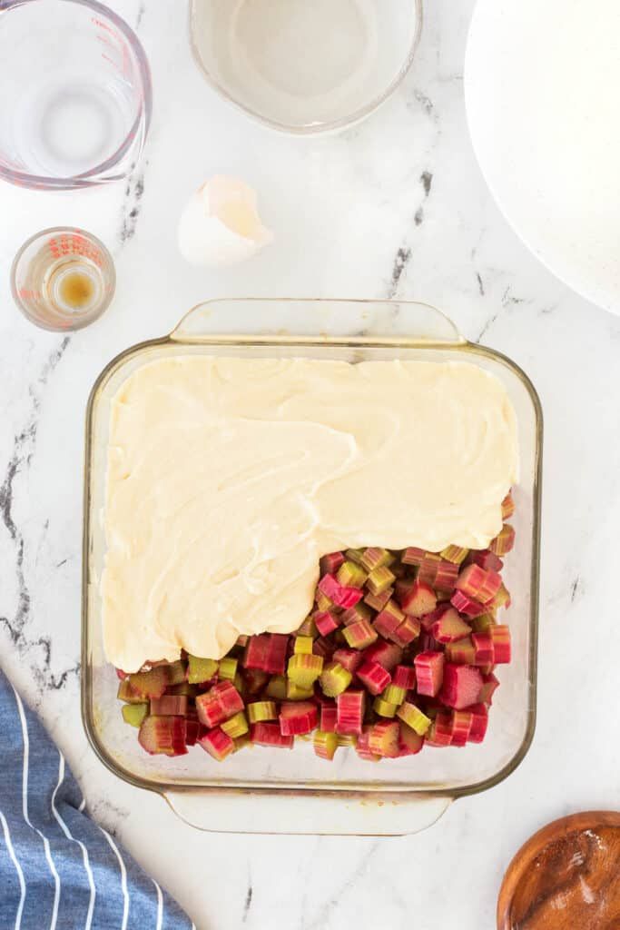 carrots and rhubarb in a glass baking dish