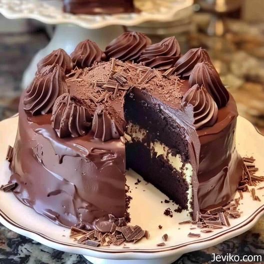 a chocolate cake on a plate with one slice cut out and the rest half eaten