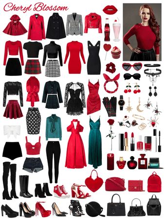 a collage of red and black clothes, shoes, handbags, purses