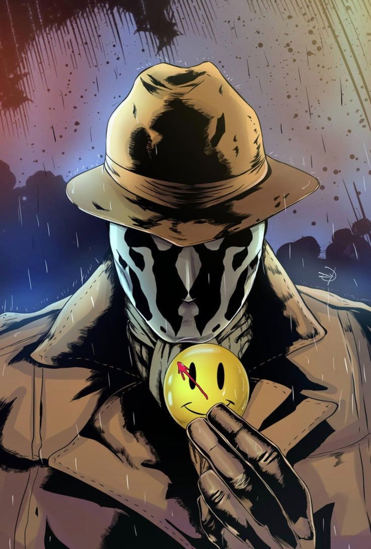 a man with a hat and trench coat holding a smiley face ball in the rain