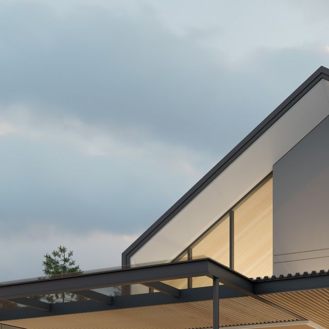 the corner of a building with an open roof