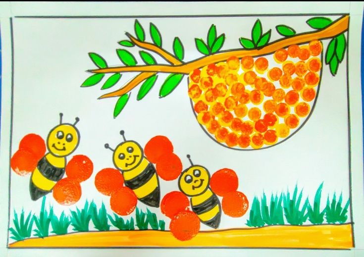 a paper plate with bees and a beehive hanging from a tree branch on it