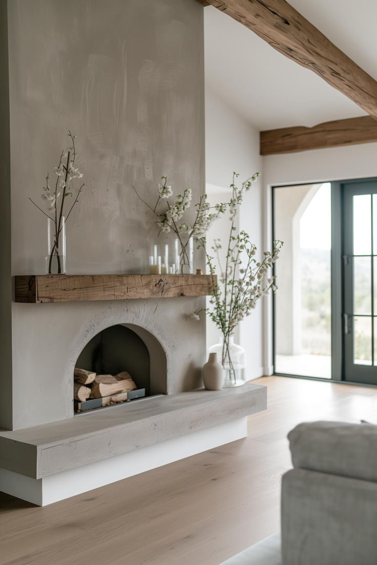 40 Minimalist Farmhouse Fireplace Ideas for Your Living Space Plaster Fireplace Hearth, Double Sided Fireplace Insert, Rounded Plaster Fireplace, Open Fireplaces Ideas, Modern Mediterranean Fireplace Ideas, Faux Wood For Fireplace, Scandinavian Gas Fireplace, Gas Fireplace Ideas Tall Ceiling, Fireplace Ideas Slanted Ceiling