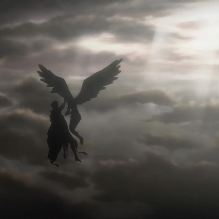 an angel is flying through the sky with its wings spread out and it appears to be dark