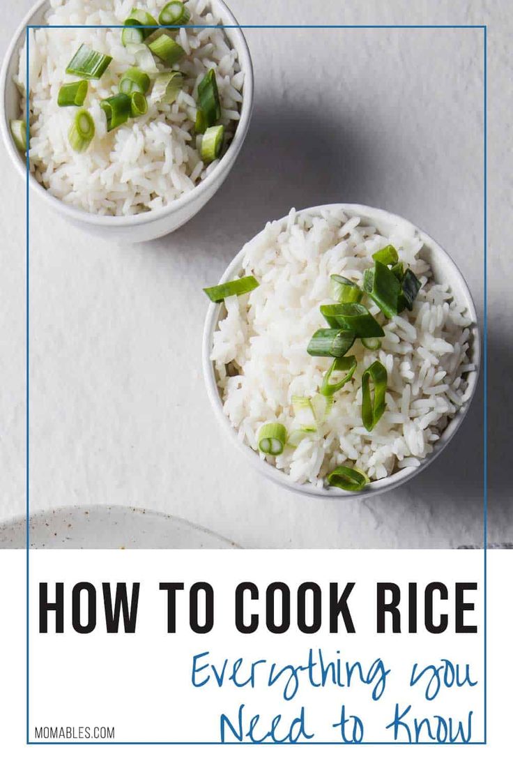 two bowls filled with rice on top of a white tablecloth and text overlay reads how to cook rice everything you need to know