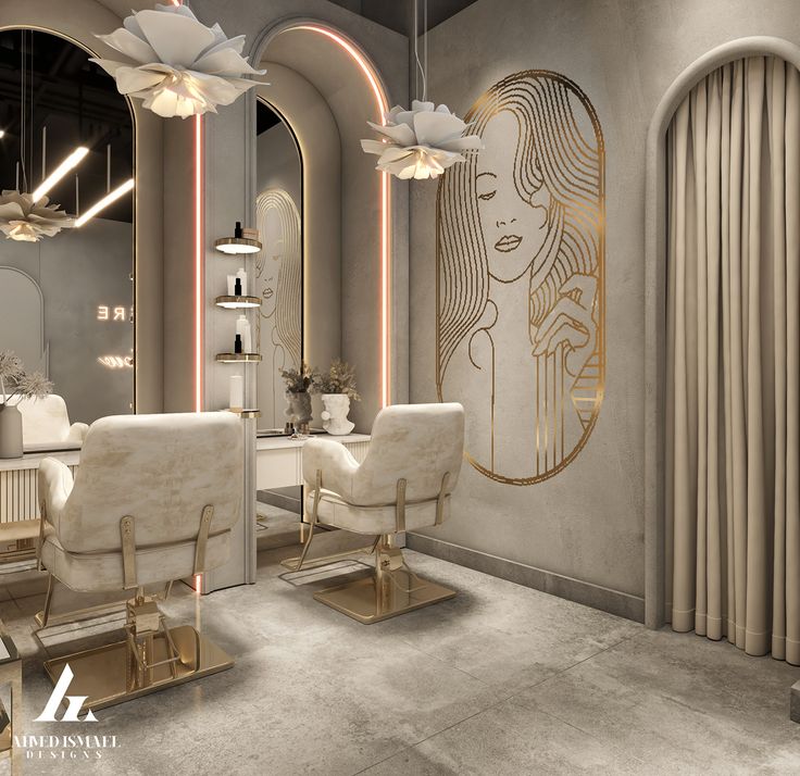 the interior of a hair salon with chairs and mirrors