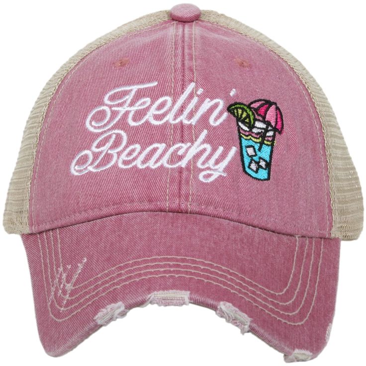 designed by Katydid trucker caps are embroidered and have curved bill distressed cap gives it a worn look adjustable tab with mesh back 80% cotton and 20% polyester one size fits most Distressed Cap, Women Trucker, Summer Stuff, Funny Hats, Beach Design, Brand Ideas, Beach Tops, Girls Weekend, Beach Hat