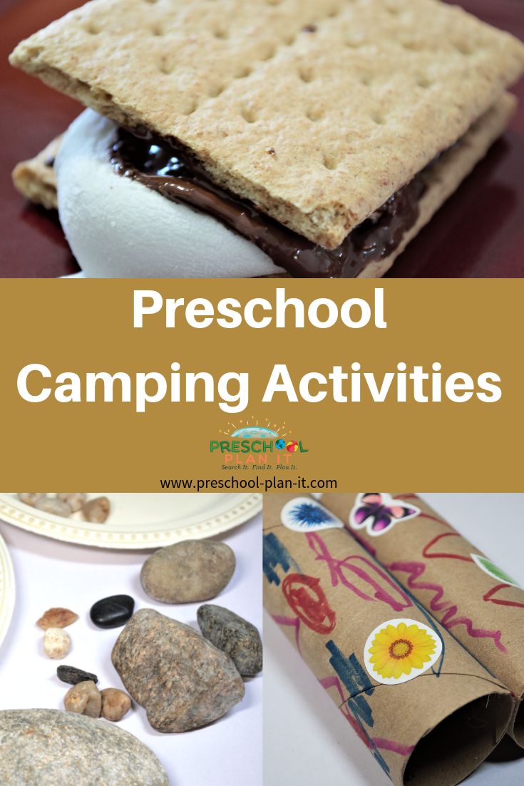 a collage of pictures with text overlay reading preschool camping activities