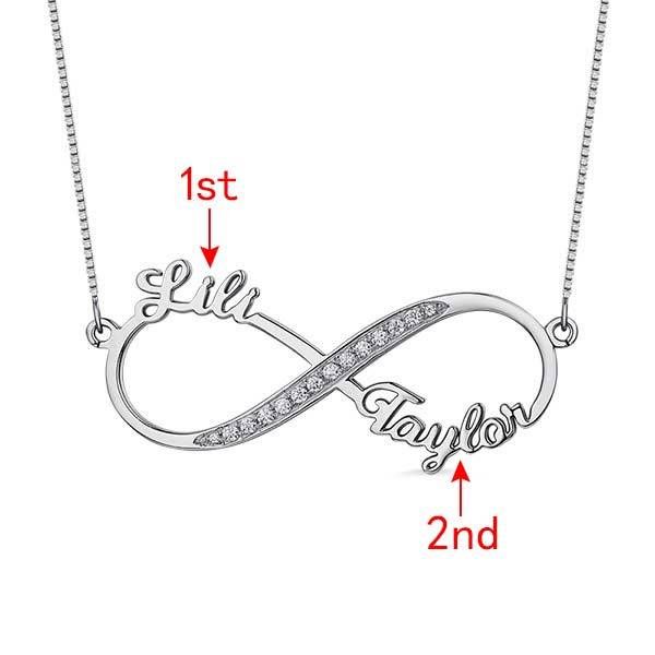 Our Infinity name necklace provides the best way for you to show off what the word "forever" means to you. You can get up to two names or words on each loop of the infinity symbol, there is a row of diamonds on the central part of loop makes the necklace more elegant. This is the perfect personalized infinity necklace to wear. Get your name and your significant other on this name necklace. You can also get the names of best friends, inspirational words, children, or anything else you can think o Personalized Silver Cubic Zirconia Jewelry, Silver Infinity Jewelry For Anniversary, Silver Infinity Jewelry, Cubic Zirconia Infinity Jewelry For Mother's Day, Symbolic Personalized Jewelry For Valentine's Day, Personalized Symbolic Jewelry For Valentine's Day, Symbolic Silver Jewelry With Name Detail, Personalized Symbolic Silver Jewelry, Symbolic Silver Jewelry With Name