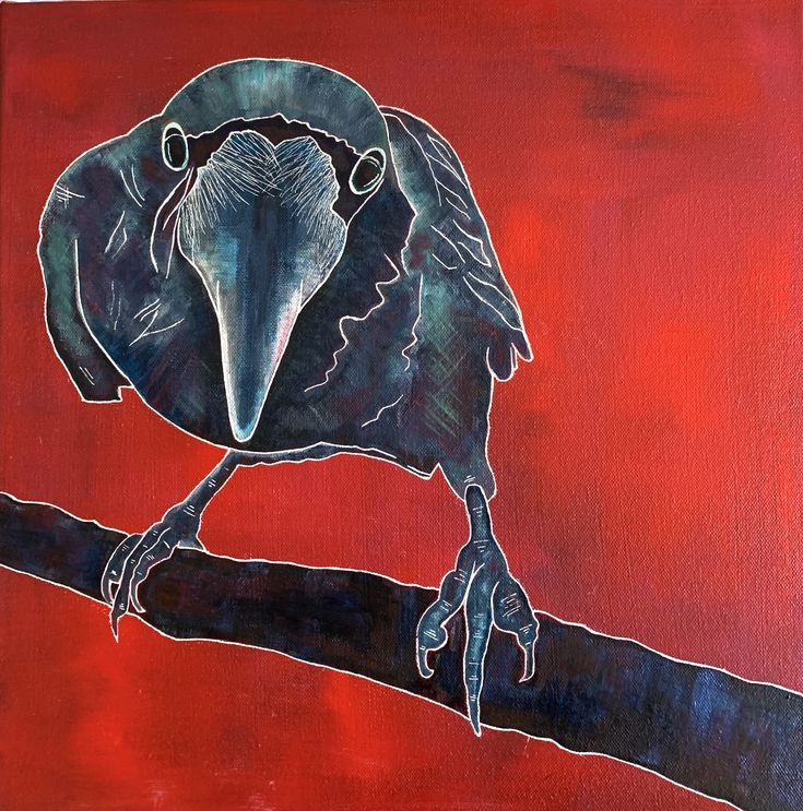 an acrylic painting of a bird sitting on a branch with its beak open