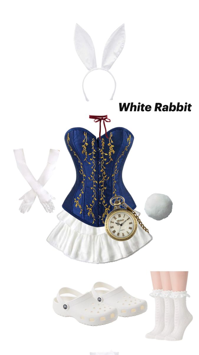 white rabbit costume with blue corset and clock on it's chest, shoes, socks, headband