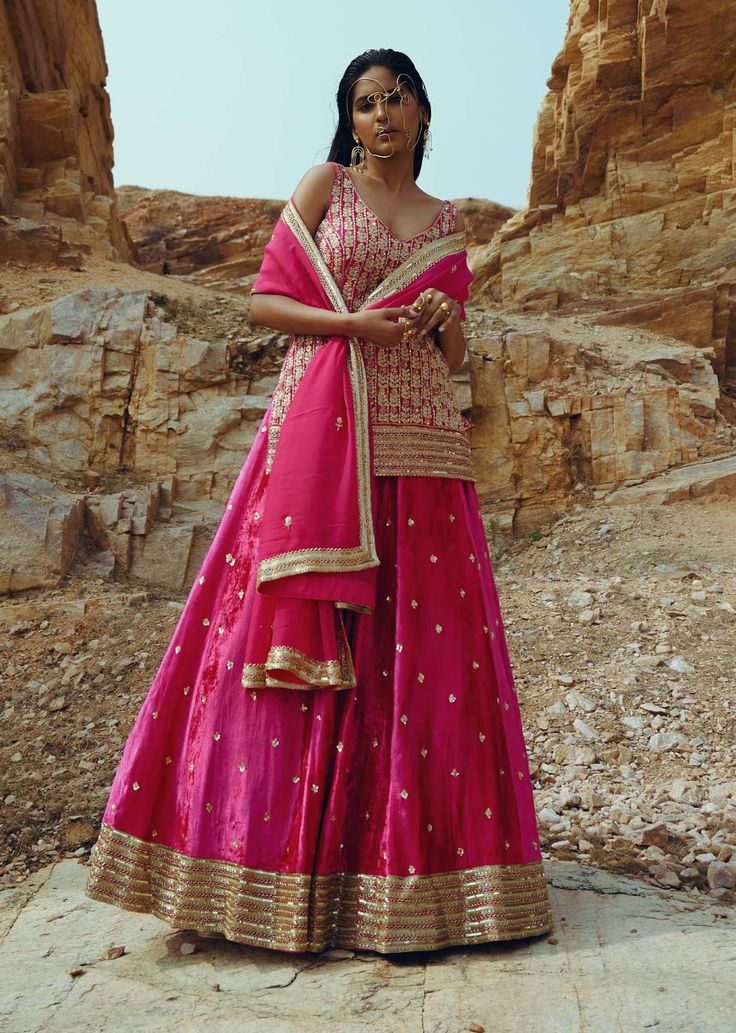 Ease-Rani Pink Kurta With Lehenga And Dupatta-INDIASPOPUP.COM Kurti With Lehenga, Kurta With Lehenga, Dresses For Indian Wedding, Heavy Kurti, V Neck Kurta, Velvet Kurta, Kurta Lehenga, Pink Kurta, Rani Pink