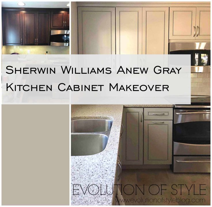 the kitchen cabinets and counter tops are painted in light gray with white lettering that reads, shewin williams anew gray kitchen cabinet makeover