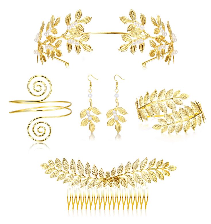 PRICES MAY VARY. [Value set]-You can get 6 pieces for one order, a Greek goddess crown leaf headband, two earrings, two armbands (also a bracelet), and a leaf hair comb, a beautiful Greek jewelry set You use and meet your different hairstyle needs. [Material and size]-Material: They are made of delicate artificial pearls and gold alloys. Please bend them gently and carefully for adjustment. Size:Bracelet: 3.4in * 3.2in, 3.4in * 1.4in. Headband: 5.9in * 2.0in; Hair comb: 6.1in * 2.6in; earrings: Goddess Costume Accessories, Grecian Goddess Costume, Greek Goddess Hairstyles, Greek Accessories, Gold Leaf Headband, Toga Party, Ancient Greek Jewelry, Goddess Bracelet, Leaf Headband