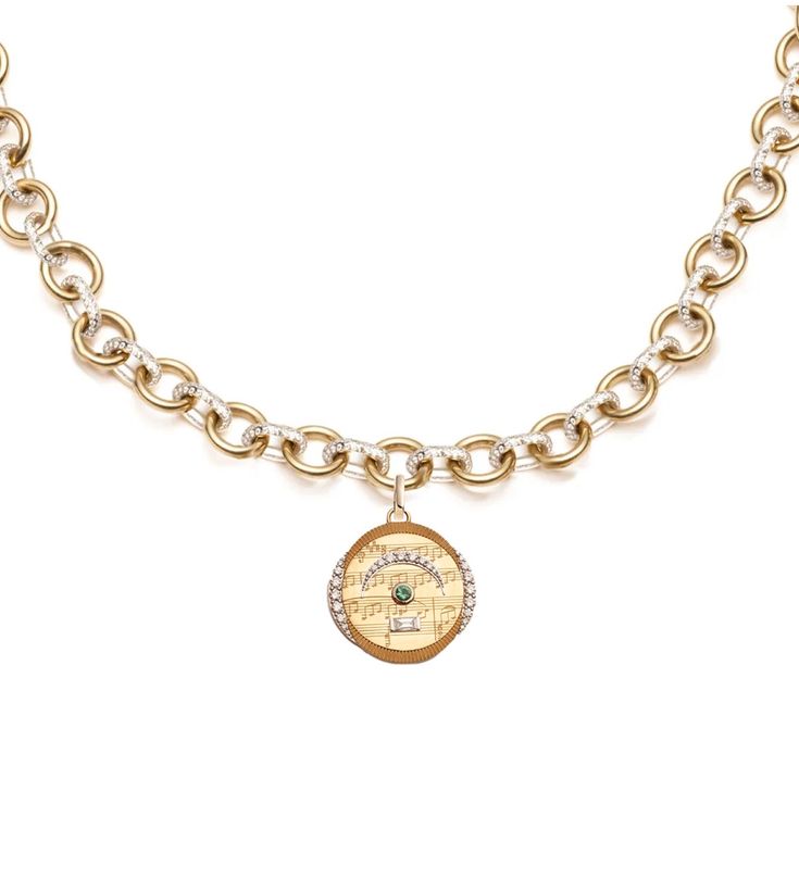 Description Handcrafted in 18 karat Yellow Gold, this Large Specialty Pave Mixed Link Necklace symbolizes Pause. The Pause medallion is derived from the musical term “bird’s eye” pause, or fermata, which is a musical symbol cueing the reader to hold or stop. And if that symbol is on top of a "rest of silence" Image then the performer needs to hold that silence for a beat longer than instinct. Inserting silence allows us to live in this moment, and we begin to feel something. That something is ou Luxury Oval Link Charm Jewelry, Luxury Oval Link Jewelry With Charms, Luxury Oval Charm Necklaces, Luxury Oval Charms Necklaces, Luxury Oval Charms Necklace, Luxury Oval Necklaces With Charms, Heirloom Round Charm Necklaces, Heirloom Necklaces With Charms, Luxury Oval Coin Pendant Necklace